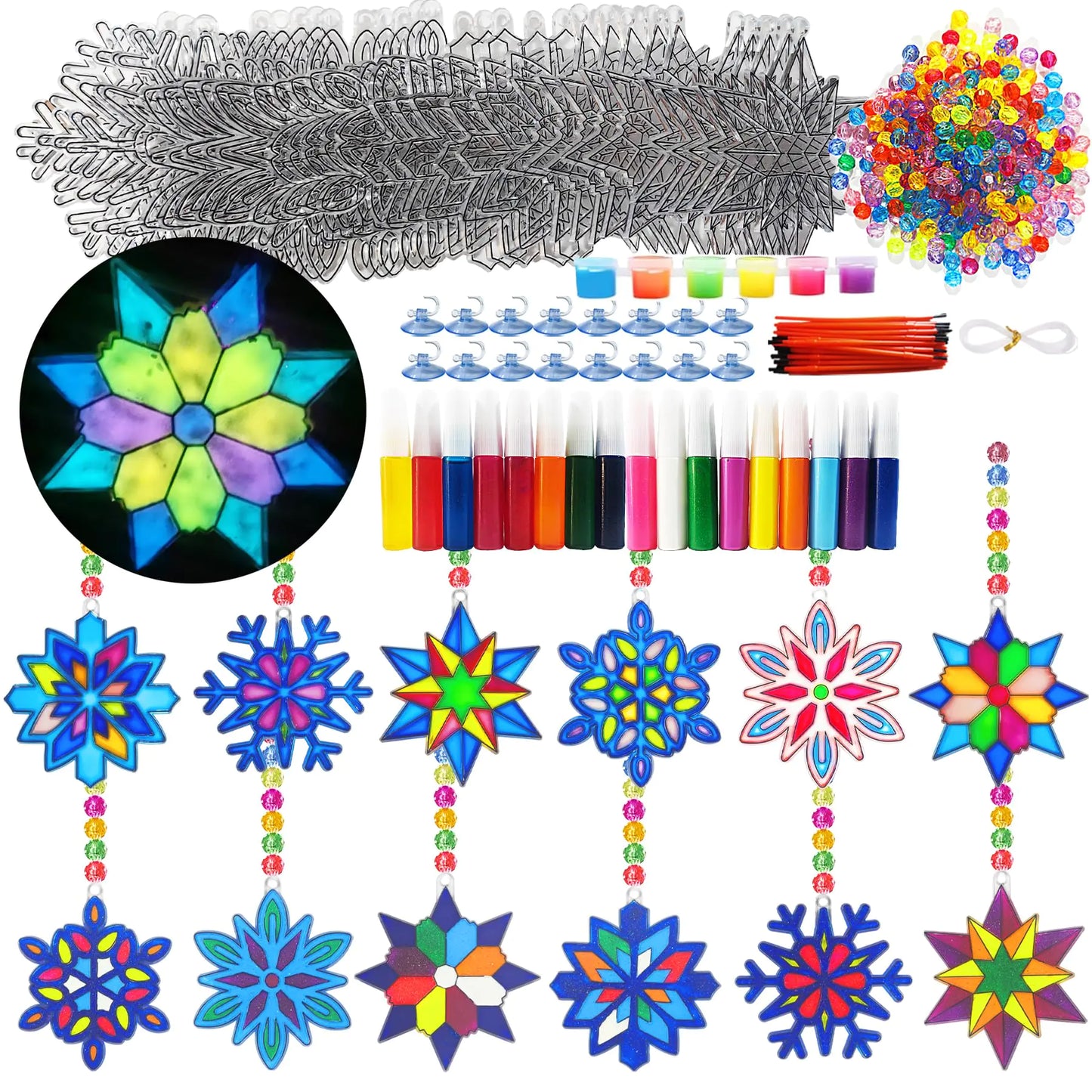 30 Sets Winter Snowflake Suncatchers Craft Kits DIY Glow In The Dark Window Paint Art Kit Christmas Snowflake Craft for Classroom Winter Christmas Holiday Seasonal Activities Art Project (Style2)