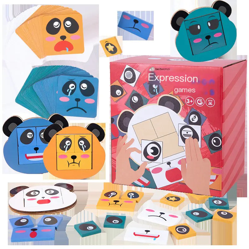 Wooden Puzzle Blocks with Panda Emotions for Kids