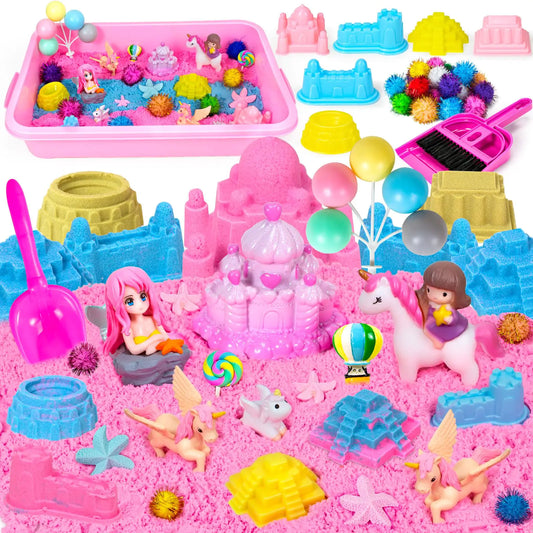 Unicorn Sensory Bin 47Pcs Sandbox Play Sand Set Sensory Bins for Kids Toddlers Sensory Toys with Magic Sand Unicorns Castle Moulds Mermaid Tools Sand Art Kit for Girls Ages 3 4 5 6 7 8 Gift