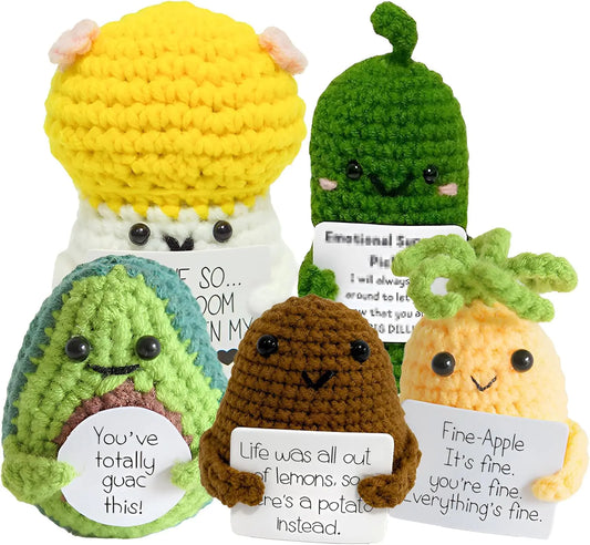 5PCS Handmade Emotional Support Pickled Cucumber Pickle Gift Cute Room Decor Emotional Support Plush Crochet Gift Fun Stress Relieving Toys Creative Knitting Dolls with Positive Affirmation Card