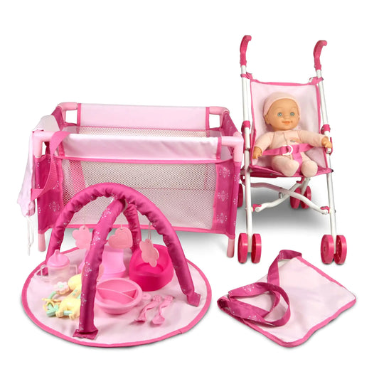 ANIVIA 5PCs Baby Doll Stroller Set - Baby Doll Accessories Set Includes Doll Stroller/Doll Crib/Play Mat/Feeding Toy/Diaper Bag Nursery Role Play Set (11" Doll Included)