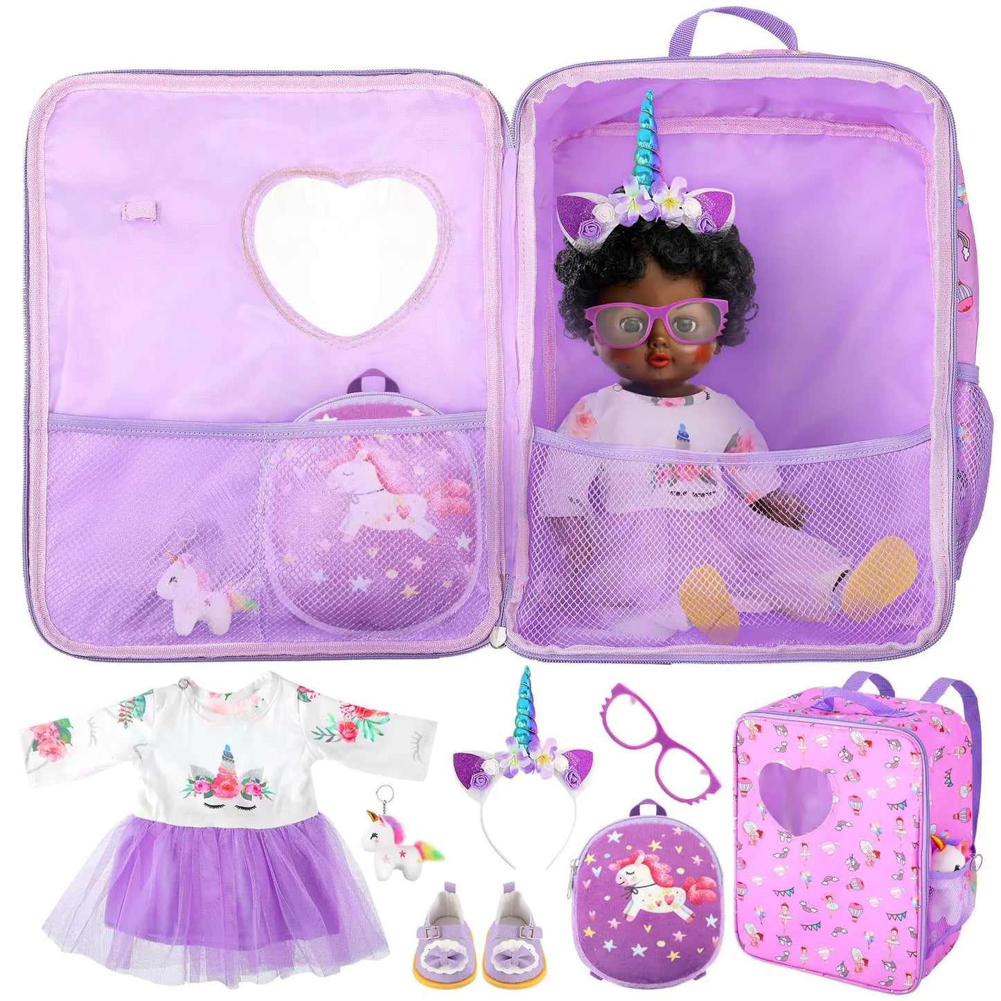 18 Inch Doll Carrier Backpack - Blue and Purple Tie-Dye Style Travel Set with Accessories