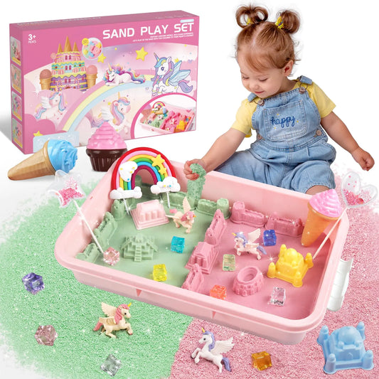 Weilim Unicorn Sensory Bin for Girl Magic Sand Art Kit with Sandbox Color Sand Unicorn Fine Motor Kids Toy Christmas Birthday Gift for Toddler Ages 3 4 5 6 7 8