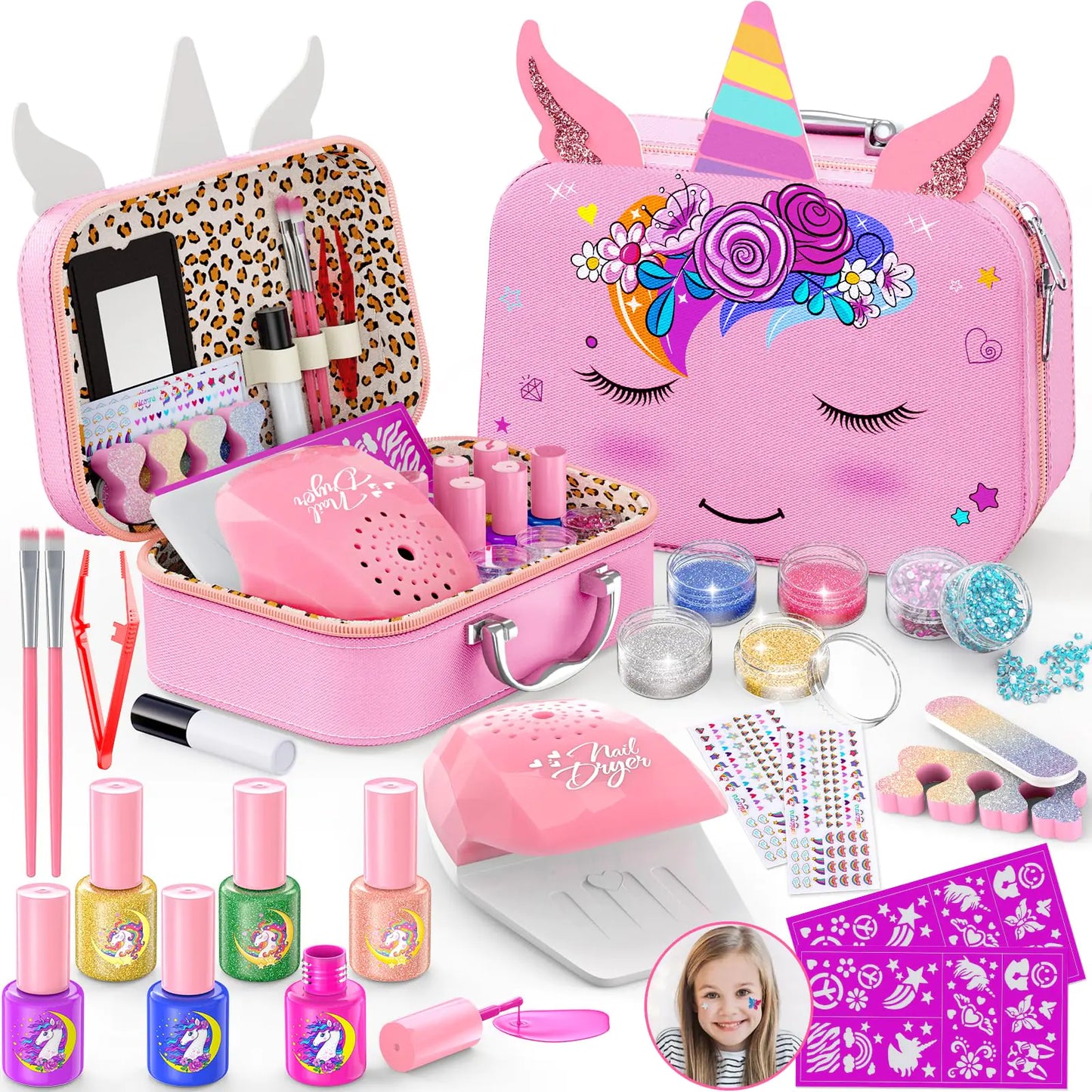 Kids Nail Polish Set for Girls Nail Art Kit with Nail Dryer & DIY Nail Stickers Nail Kit Toys for Girls with Non-Toxic Nail PolishAge 3-12 Little Girl Gift Toys