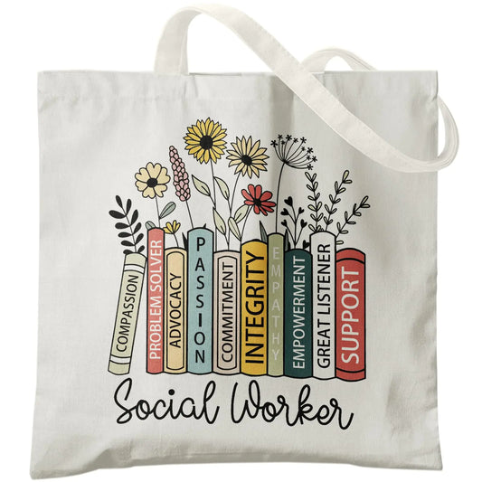 Veqzc Social Worker Appreciation Gifts Canvas Tote Bag for Women Social Worker Counselor Therapist Gifts for Women Boho Floral Reusable Grocery Bags Shopping Bags