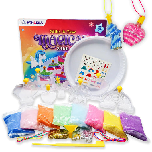 ATHEENA Sand Art Kit DIY Crafts for Kids Ages 5+ Summer Arts & Craft Activity 7 Designs 7 Colors 1 Glow in The Dark Sand 2 Glitters Inspires Creativity Birthday Christmas Gift Unicorn Fun